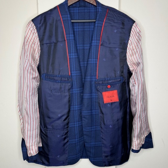 Isaia Wool Blue Plaid Windowpane Blazer Size 48 (58EU) Unfinished Sleeves - Picture 8 of 15